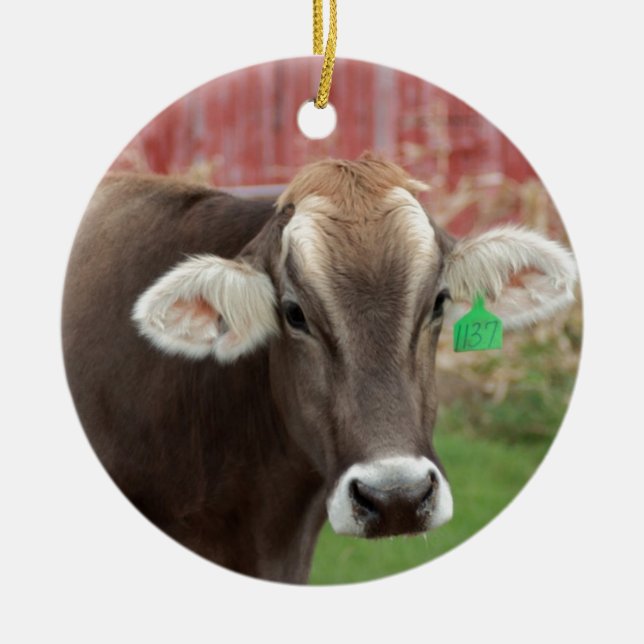Brown Swiss Cow Ceramic Ornament (Front)