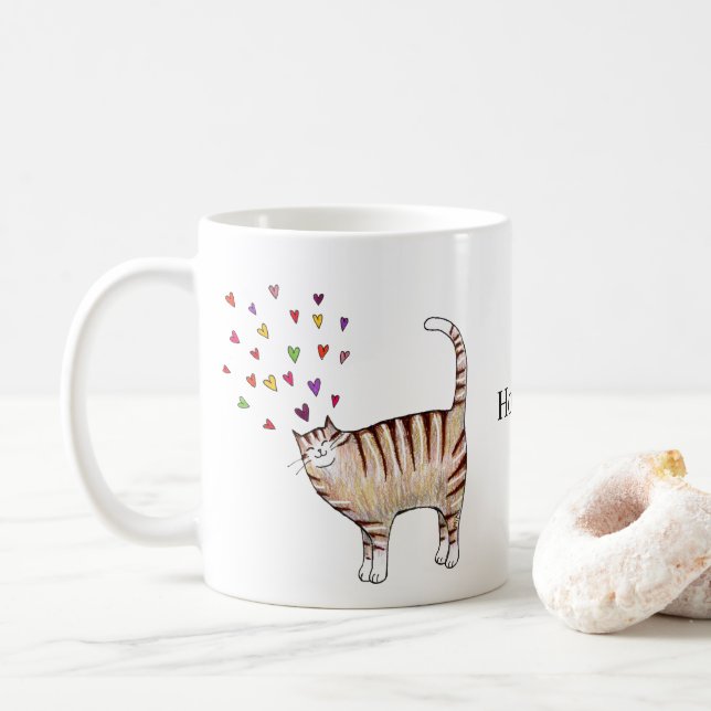 Brown Tabby Cat with Hearts Custom Name  Coffee Mug (With Donut)