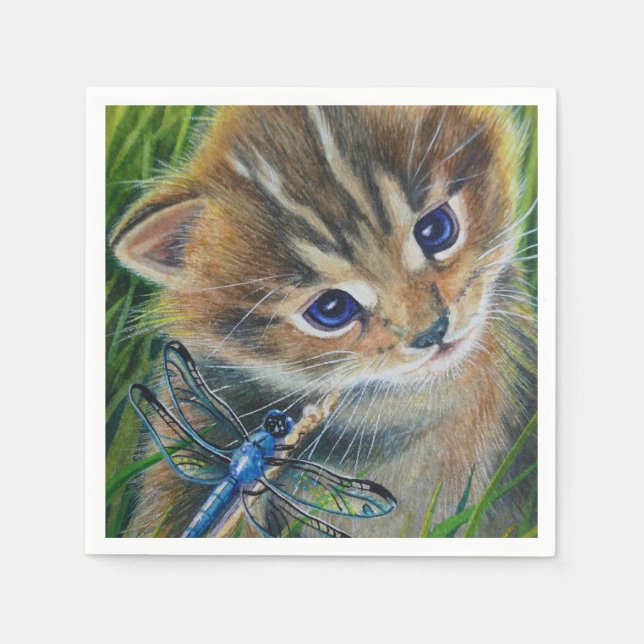 Brown Tabby Kitten & Dragonfly Watercolor Art Napkin (Front)