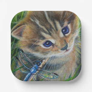 Brown Tabby Kitten & Dragonfly Watercolor Art Paper Plate