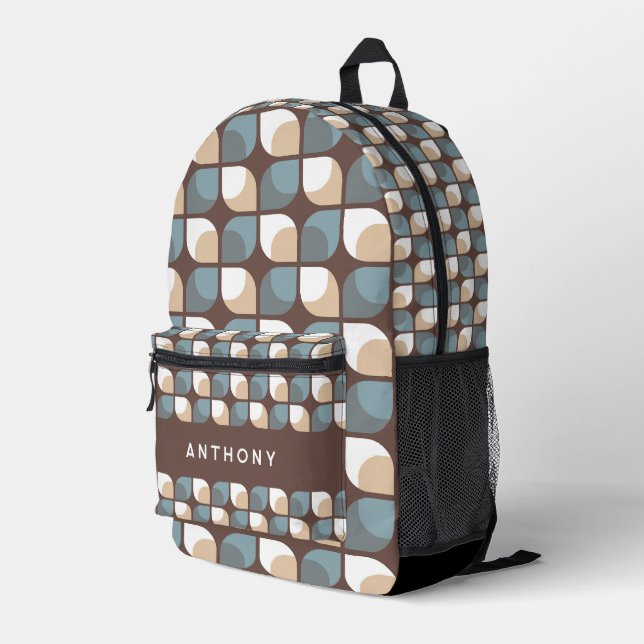Brown Tan Beige Grey Blue Midcentury Art Pattern Printed Backpack (Back Corner Right)