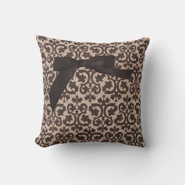 Brown & Tan Damask Throw Pillow With Ribbon (Front)