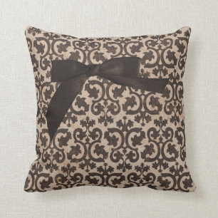 Brown & Tan Damask Throw Pillow With Ribbon