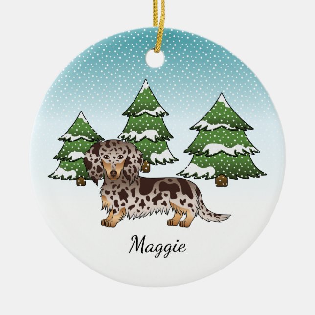 Brown & Tan Dapple Long Hair Dachshund In Winter Ceramic Ornament (Front)