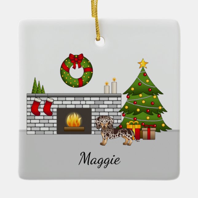 Brown & Tan Dapple Short Hair Dachshund Christmas Ceramic Ornament (Front)