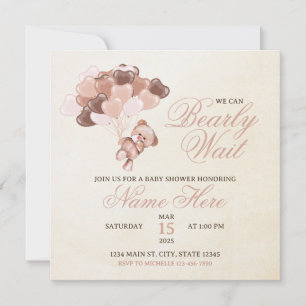 Brown Tan Heart Balloons Teddy Bear Baby Shower Invitation