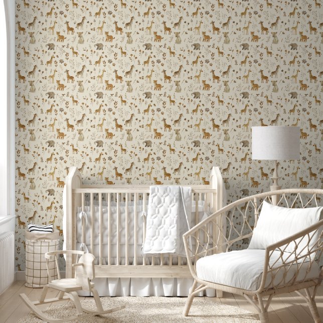 Brown Tan Jungle Animals Baby Nursery Wallpaper (Kids)