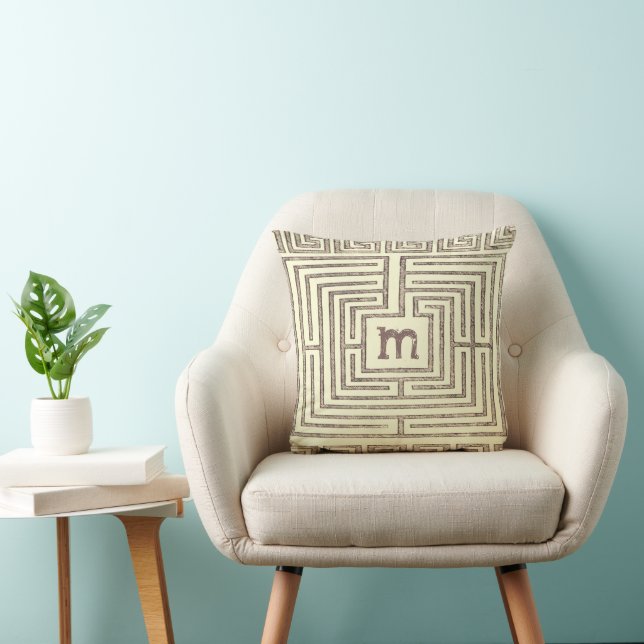 Brown Tan Monogram Tribal Labyrinth Pattern Throw Pillow (Chair)