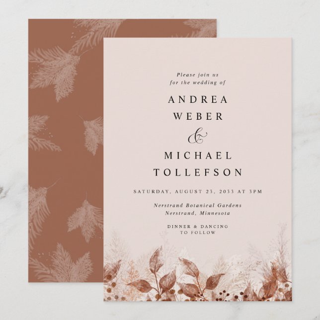 Brown Tan Rust Pampas Grass Boho Wedding Invitation (Front/Back)
