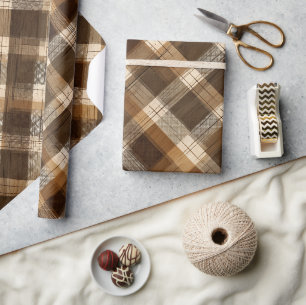 Brown Tan Rustic Cabin Wood Plaid Pattern Wrapping Paper