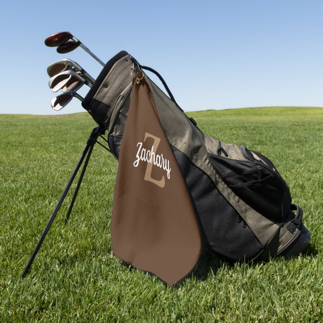 Brown Tan White Monogram Personalized Golf Towel (Green)