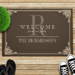 Brown|Taupe Corner Flourish Frame Custom Monogram Doormat<br><div class="desc">Pretty corner flourish frame with your family name and monogram to greet all your guests</div>