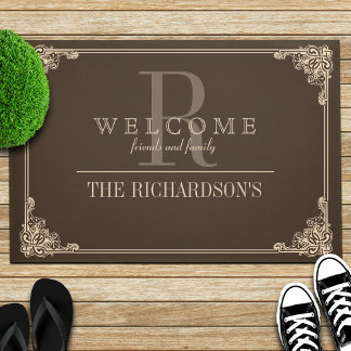 Brown|Taupe Corner Flourish Frame Custom Monogram Doormat