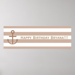Brown Taupe & White Striped Anchor Custom Banner Poster