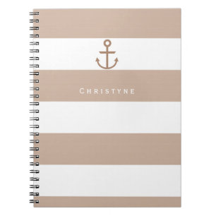 Brown Taupe & White Striped Anchor Notebook
