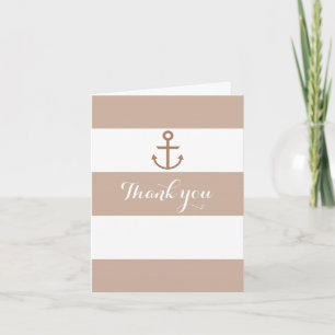 Brown Taupe & White Striped Anchor Thank You Card