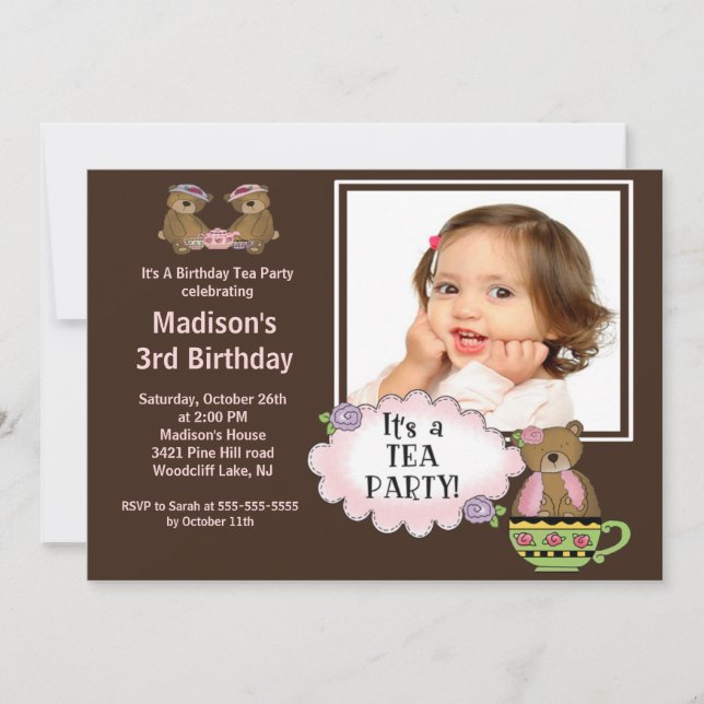 Brown Tea Party Photo Birthday Party Invitation (Front)