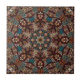 Brown, Teal & Beige Earthy Rustic Boho Mandala Tile