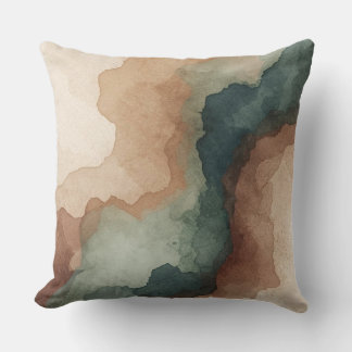 Brown Teal Blue Sage Green Abstract Watercolor Throw Pillow
