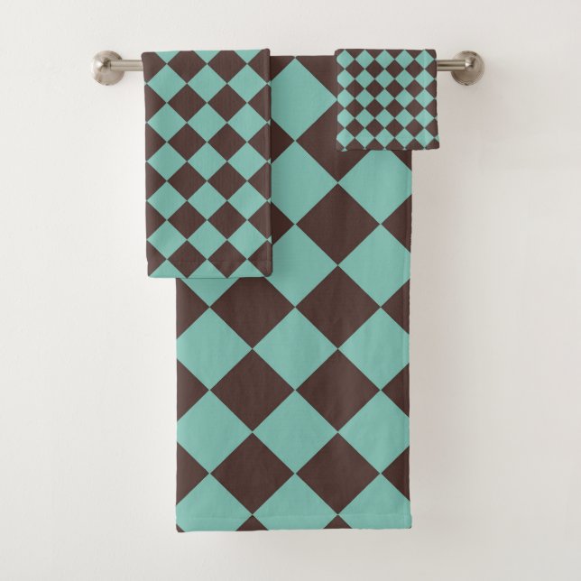Brown Teal Chequered Diamond Pattern  Bath Towel Set (Insitu)
