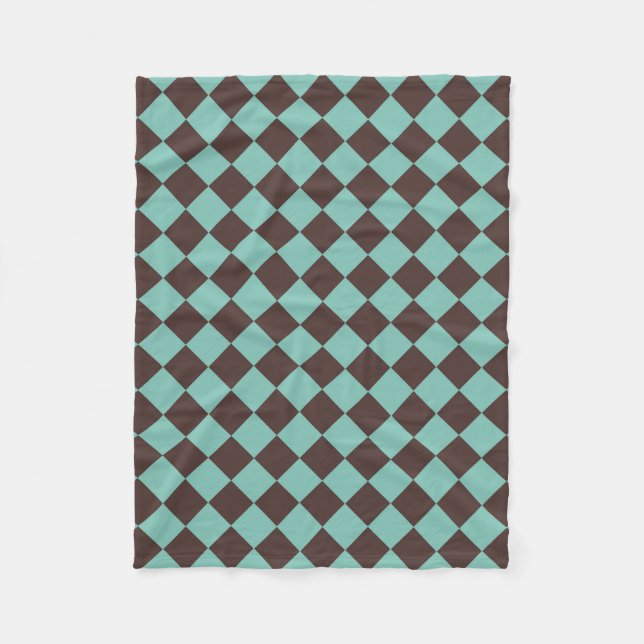 Brown Teal Chequered Diamond Pattern Fleece Blanket (Front)