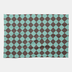 Brown Teal Chequered Diamond Pattern Kitchen Towel