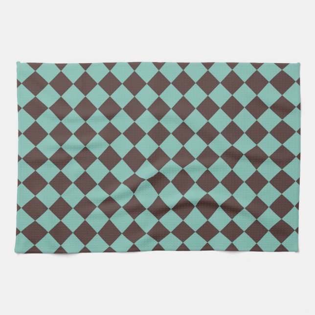 Brown Teal Chequered Diamond Pattern  Kitchen Towel (Horizontal)