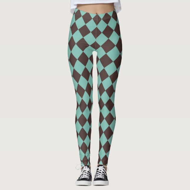 Brown Teal Chequered Diamond Pattern  Leggings (Front)
