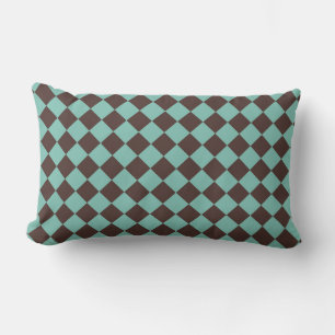 Brown Teal Chequered Diamond Pattern Lumbar Pillow