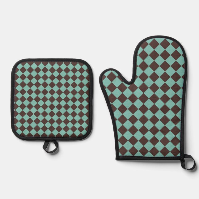 Brown Teal Chequered Diamond Pattern Oven Mitt & Pot Holder Set (Front)