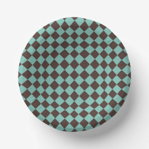 Brown Teal Chequered Diamond Pattern Paper Plate