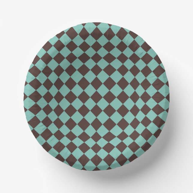 Brown Teal Chequered Diamond Pattern Paper Plate (Front)