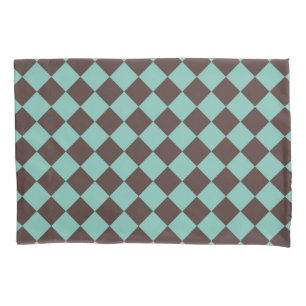 Brown Teal Chequered Diamond Pattern Pillowcase