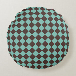 Brown Teal Chequered Diamond Pattern  Round Pillow