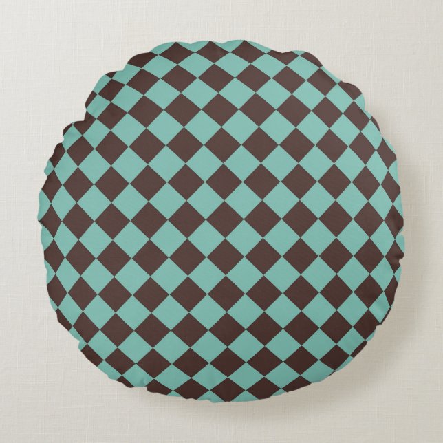 Brown Teal Chequered Diamond Pattern  Round Pillow (Front)