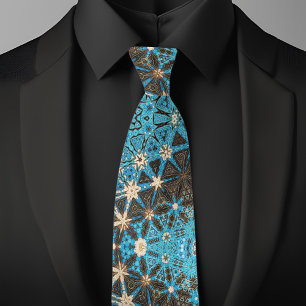 Brown Teal Cream Waves and Stars Tie