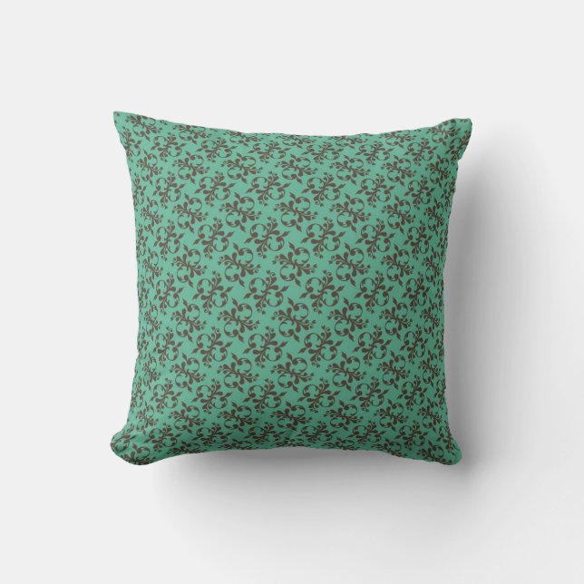 Brown & Teal Damask Throw Pillow (Front)