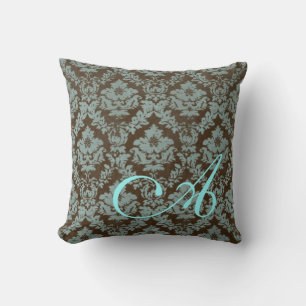 Brown / Teal Distressed Damask Personalized Pillow