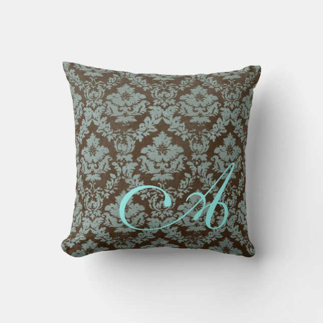 Brown / Teal Distressed Damask Personalized Pillow (Front)