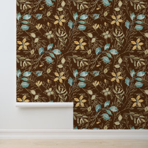 Brown Teal Gold Floral Pattern Wallpaper