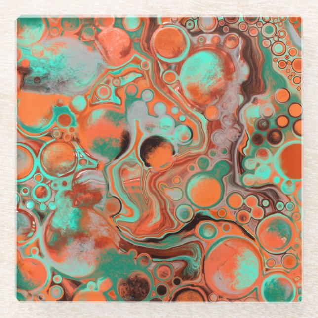 Brown, Teal, Orange Marble Fluid Art  Glass Coaster (Front)