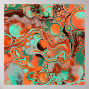Brown, Teal, Orange Marble Fluid Art   Poster