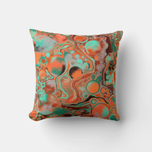 Brown, Teal, Orange Marble Fluid Art   Throw Pillow