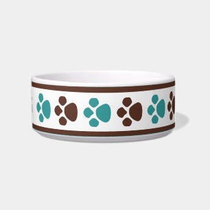 Brown & Teal Paw Prints Personalized Cat Bowl