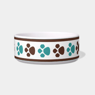 Brown & Teal Paw Prints Personalized Cat Bowl