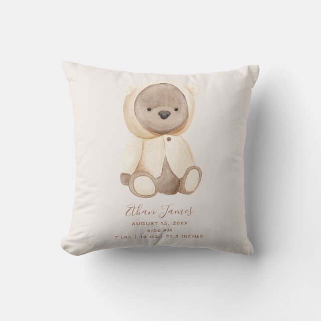 Brown Teddy Bear Baby Birth Stats Keepsake Throw Pillow (Front)
