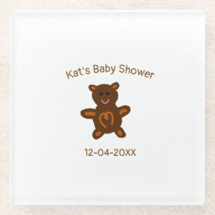 Brown teddy bear baby shower add name date elegant glass coaster
