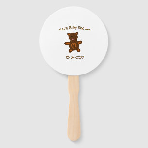 Brown teddy bear baby shower add name date elegant hand fan