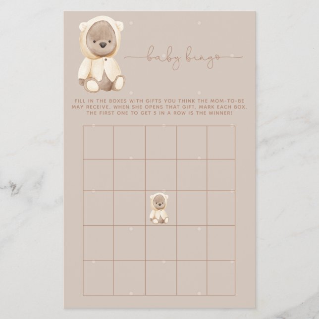 Brown Teddy Bear Baby Shower Bingo Game Flyer (Front)