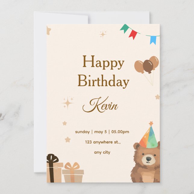 Brown Teddy Bear Birthday Invitation,Cute Neutral  Invitation (Front)